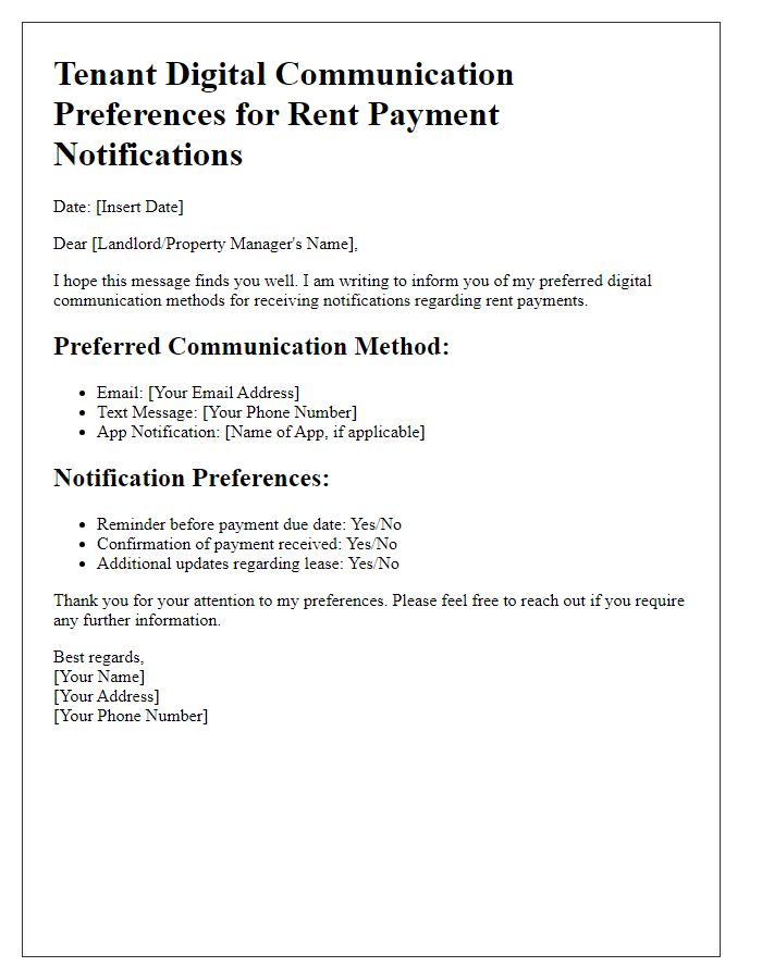 Letter template of tenant digital communication preferences for rent payment notifications.