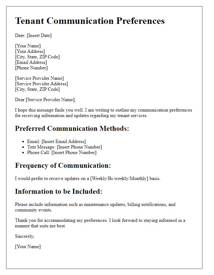 Letter template of tenant digital communication preferences for service provider information.