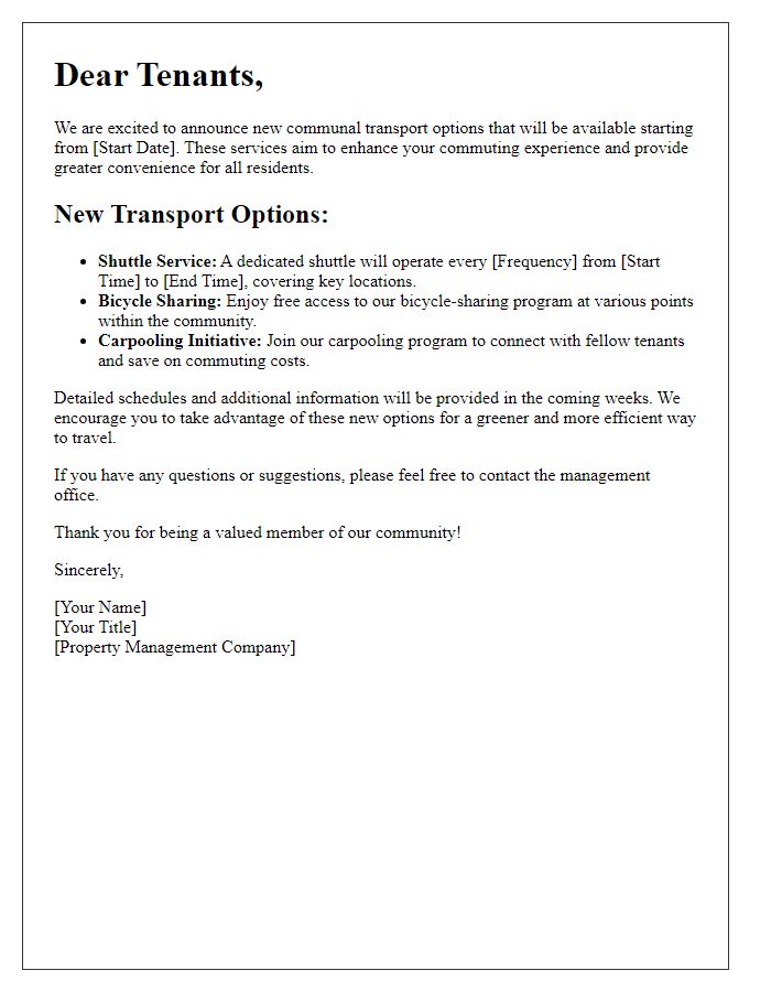 Letter template of announcement for new communal transport options for tenants