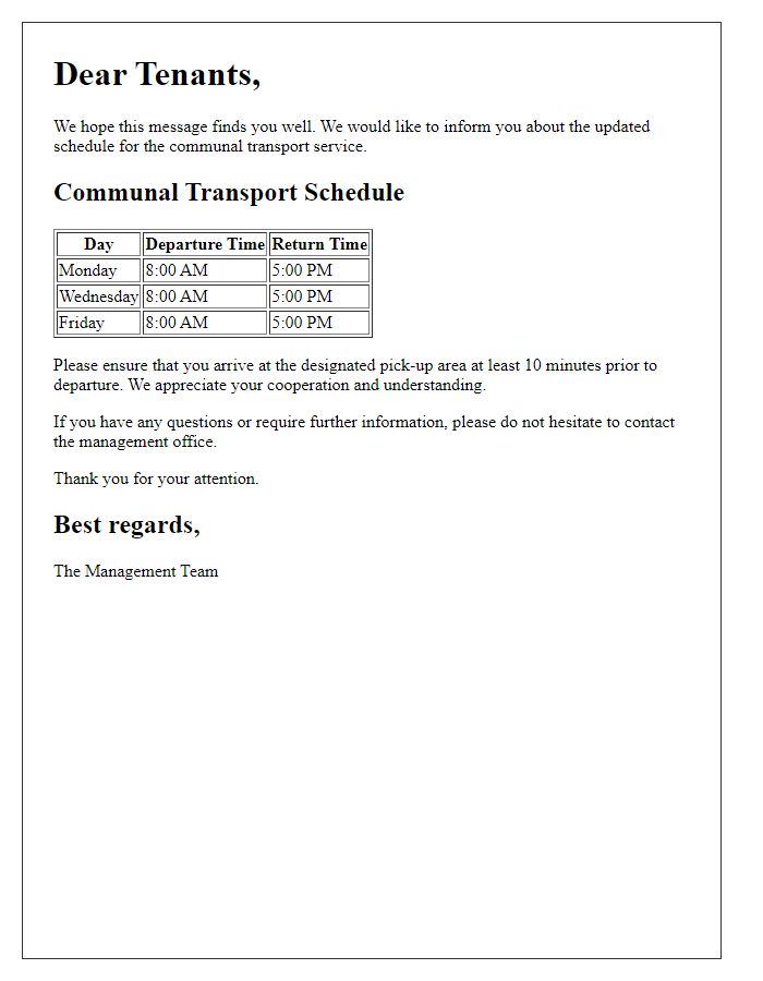 Letter template of communal transport schedule notification for tenants