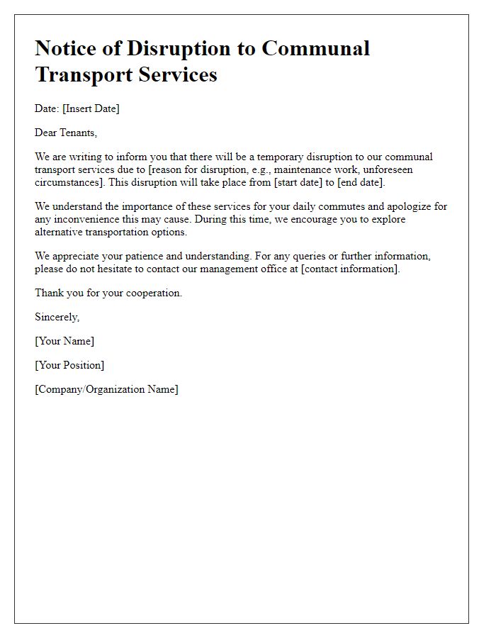 Letter template of communal transport service disruption notice for tenants