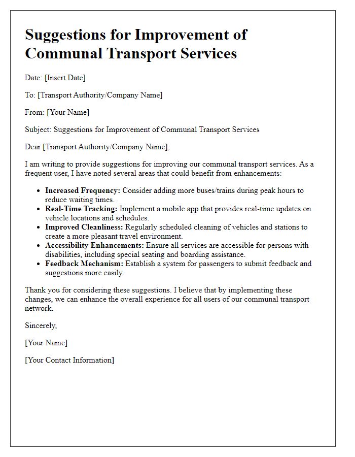 Letter template of communal transport service improvement suggestions