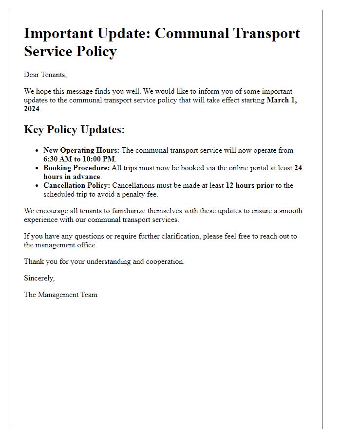 Letter template of communal transport service policy updates for tenants