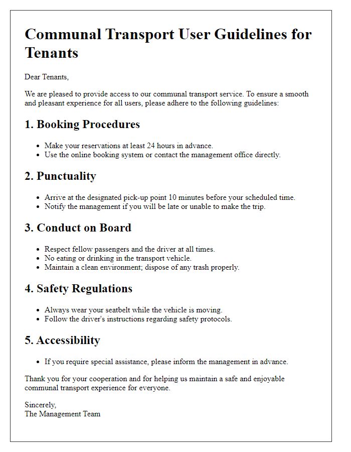 Letter template of communal transport user guidelines for tenants