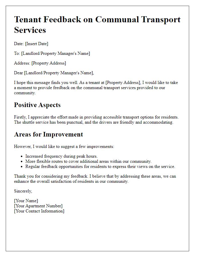 Letter template of tenant feedback on communal transport services