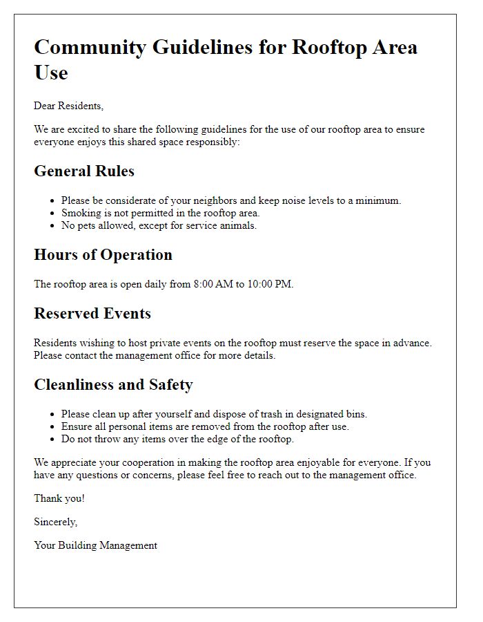 Letter template of community guidelines for rooftop area use