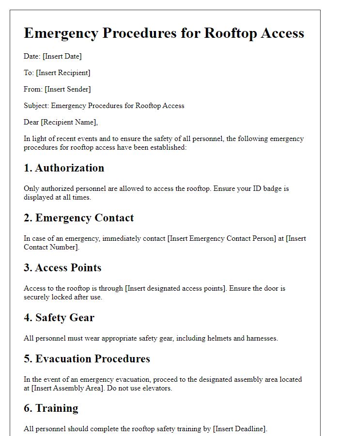 Letter template of emergency procedures for rooftop access