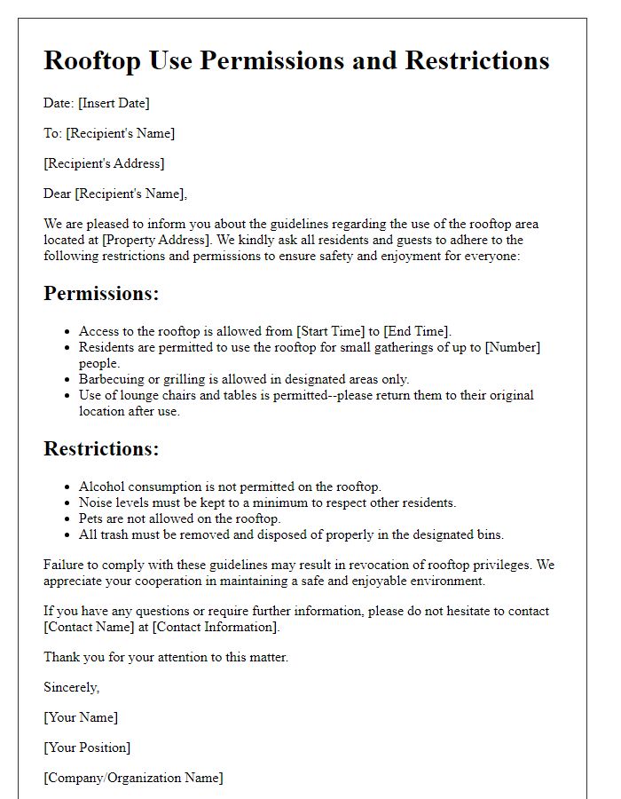 Letter template of restrictions and permissions for rooftop use