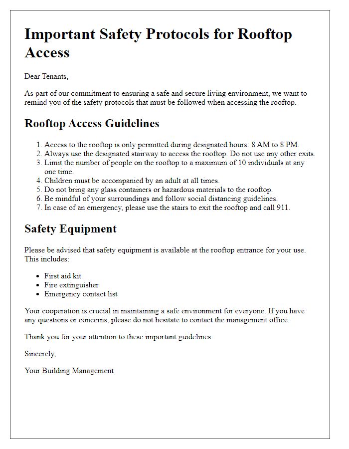 Letter template of safety protocols for rooftop access by tenants