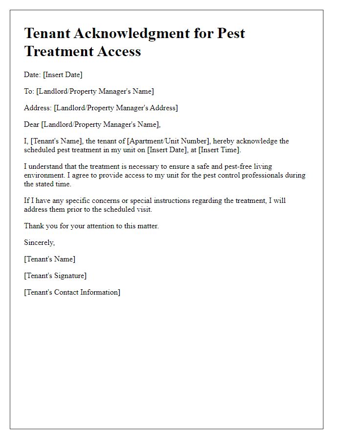 Letter template of tenant acknowledgment for pest treatment access