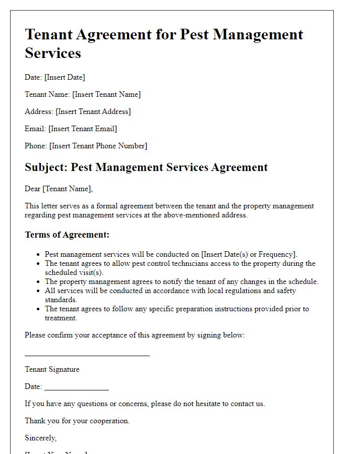 Letter template of tenant agreement for pest management services