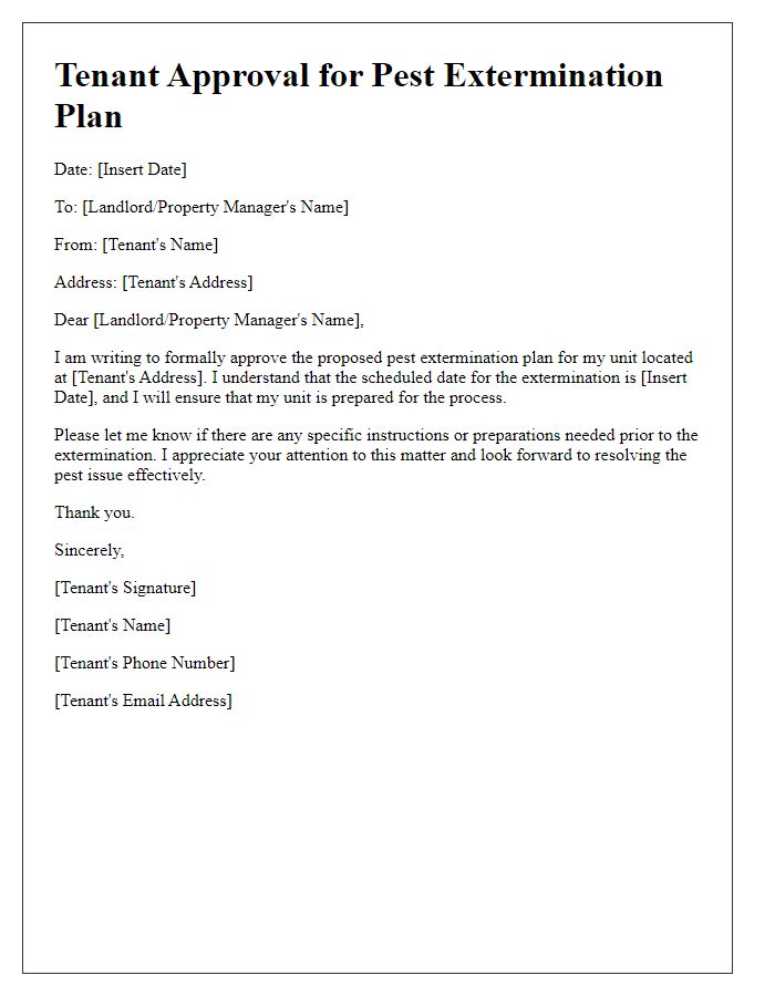 Letter template of tenant approval for pest extermination plan