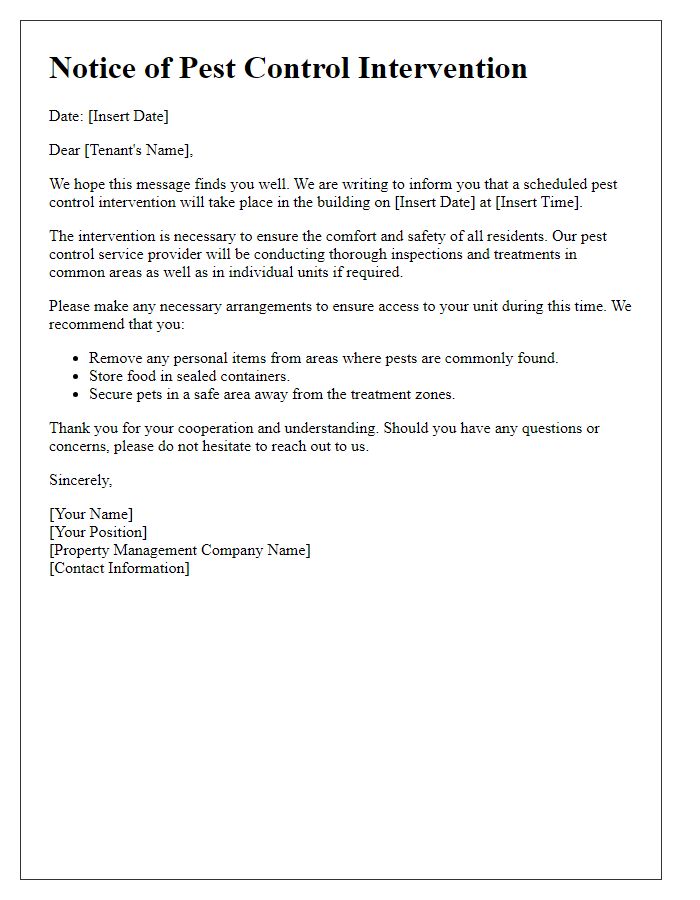 Letter template of tenant notification for pest control intervention