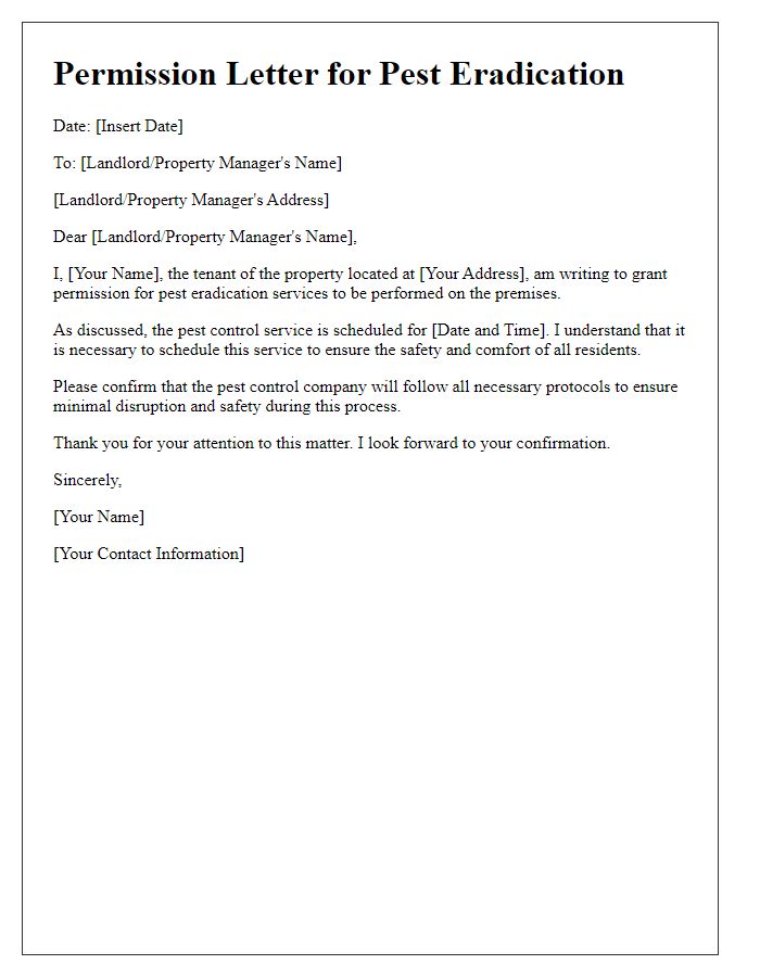 Letter template of tenant permission for pest eradication