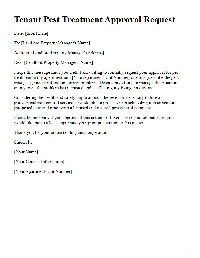 Letter template of tenant pest treatment approval request