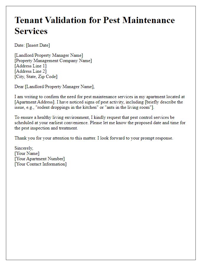 Letter template of tenant validation for pest maintenance services