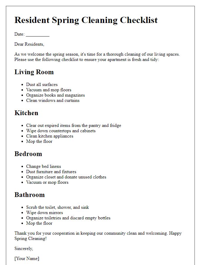 Letter template of resident spring cleaning checklist