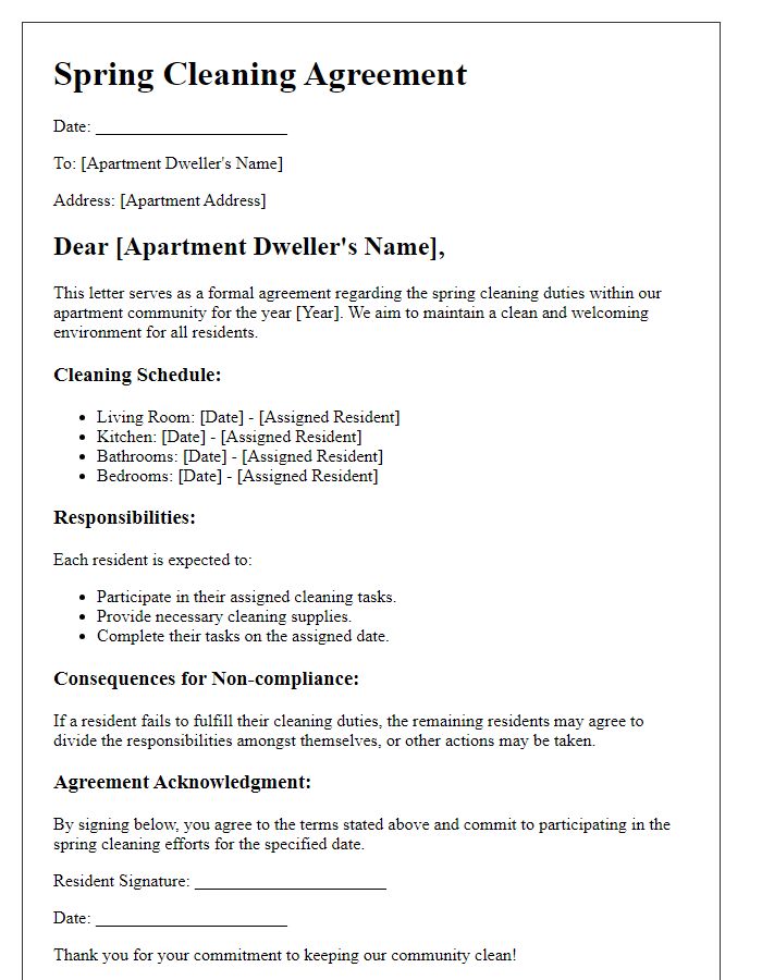 Letter template of spring cleaning agreement for apartment dwellers