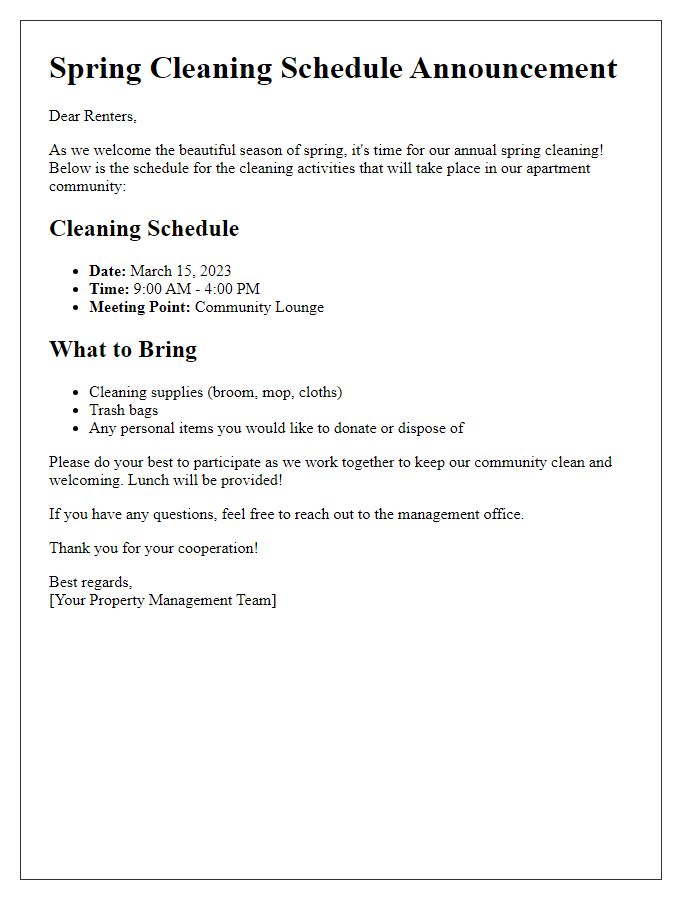 Letter template of spring cleaning schedule announcement for renters