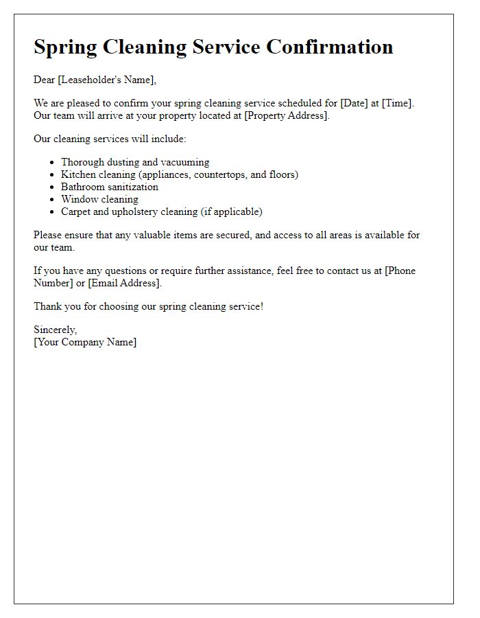 Letter template of spring cleaning service confirmation for leaseholders