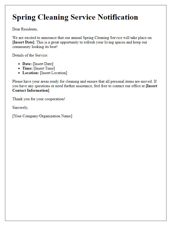 Letter template of spring cleaning service notification for residents