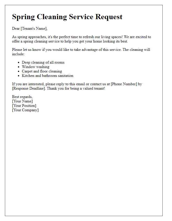 Letter template of spring cleaning service request for tenants