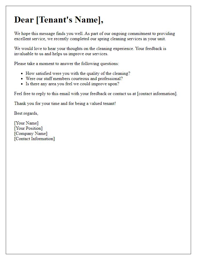 Letter template of spring cleaning services feedback request for tenants