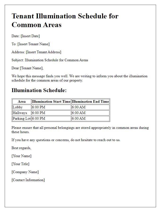 Letter template of tenant illumination schedule for common areas