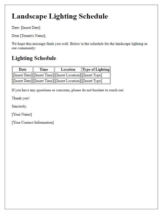 Letter template of tenant landscape lighting schedule