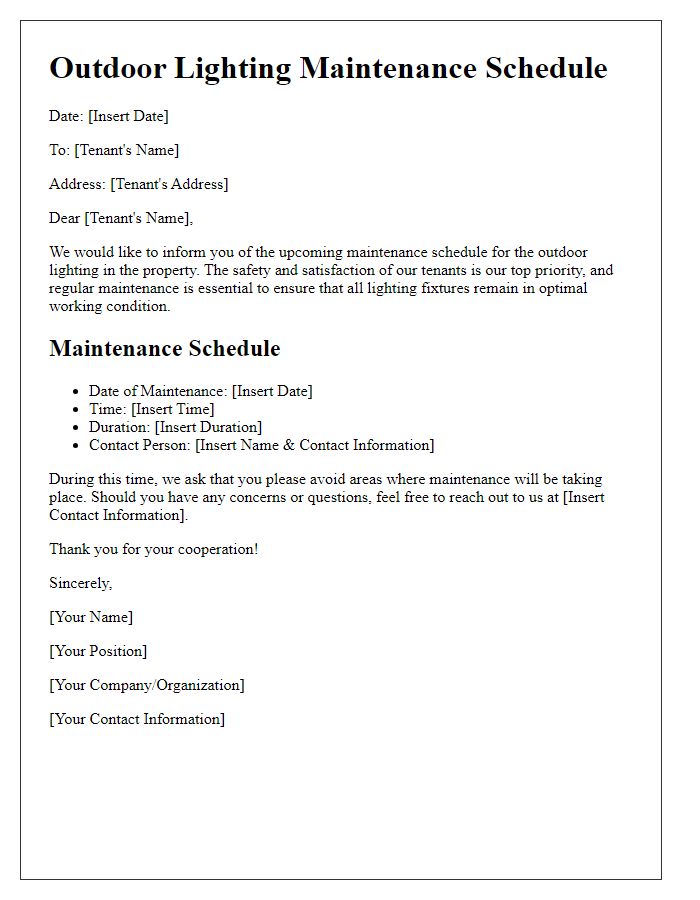 Letter template of tenant outdoor lighting maintenance schedule