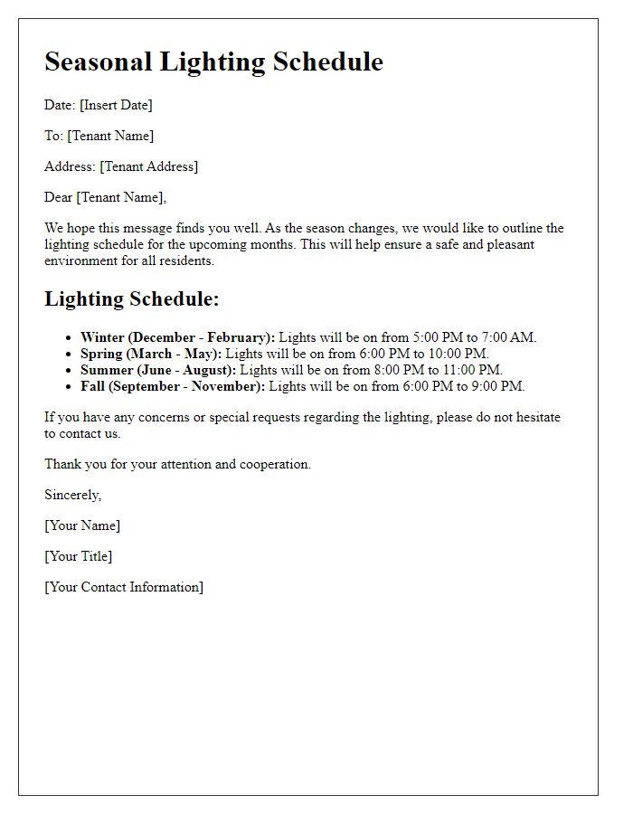 Letter template of tenant seasonal lighting schedule