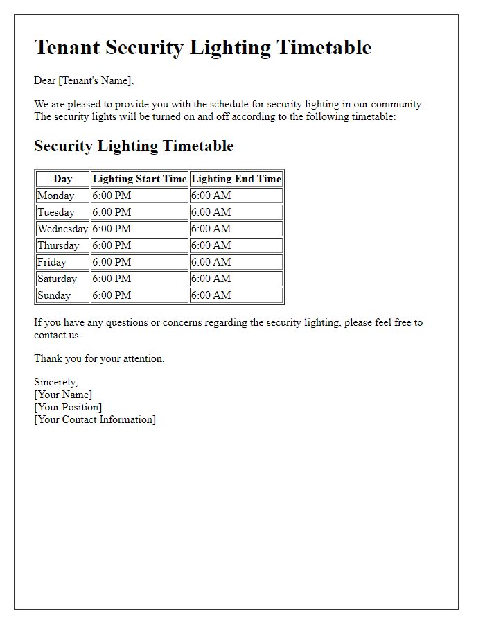 Letter template of tenant security lighting timetable