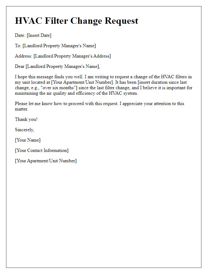 Letter template of filter change request for tenant HVAC systems