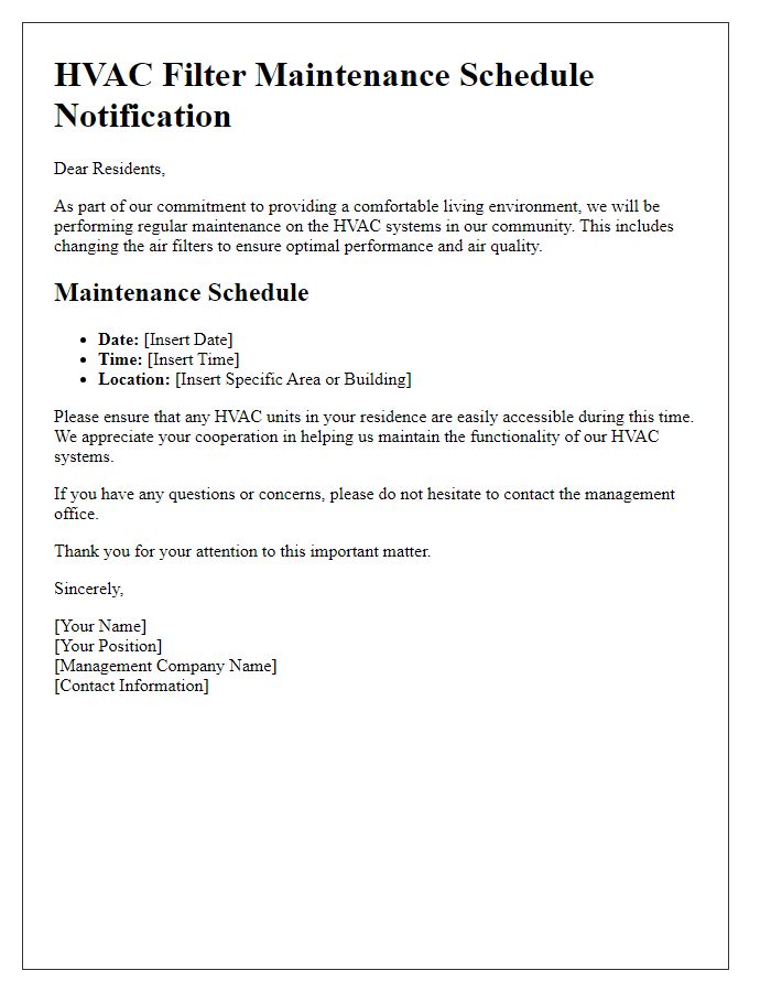 Letter template of HVAC filter maintenance schedule for residents