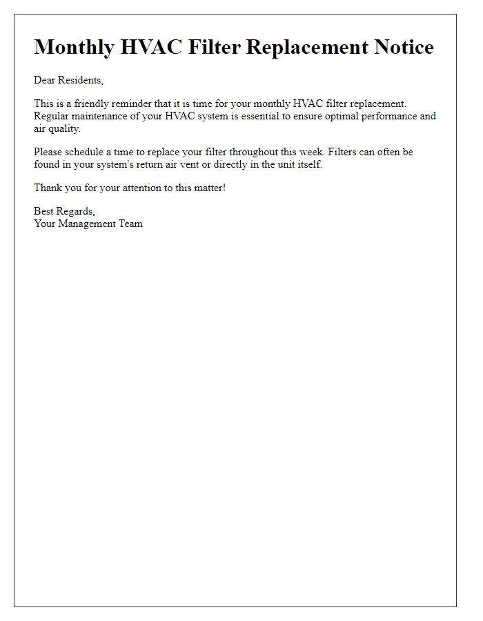 Letter template of monthly HVAC filter replacement notice for residents