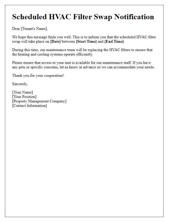 Letter template of scheduled HVAC filter swap notification for tenants