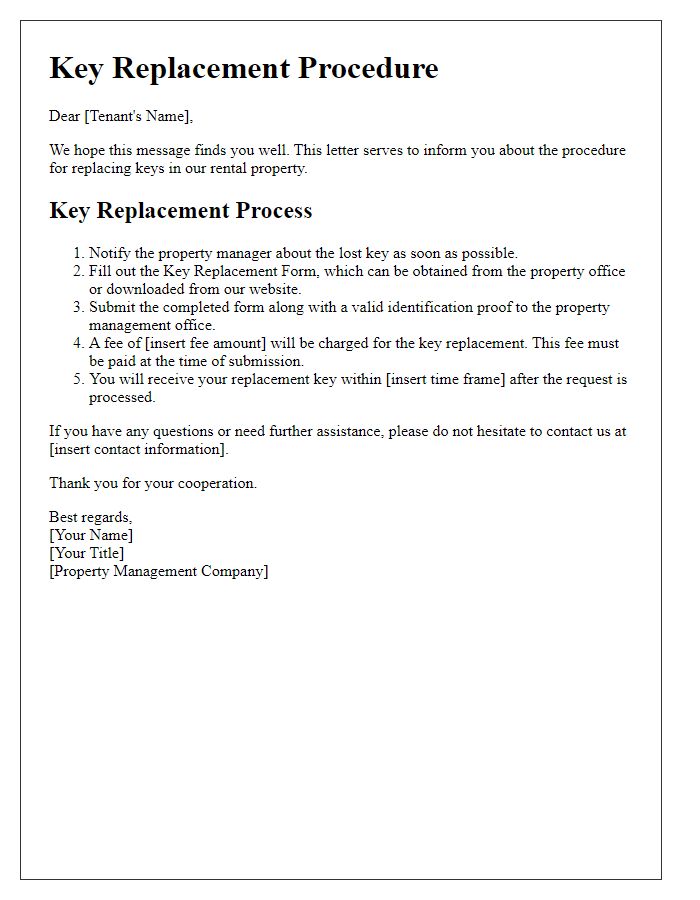 Letter template of key replacement procedure for tenant.