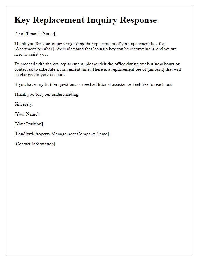 Letter template of landlord response to tenant key replacement inquiry.