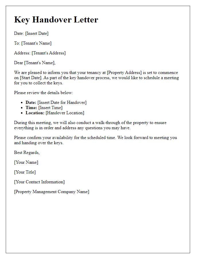 Letter template of tenant key handover process.