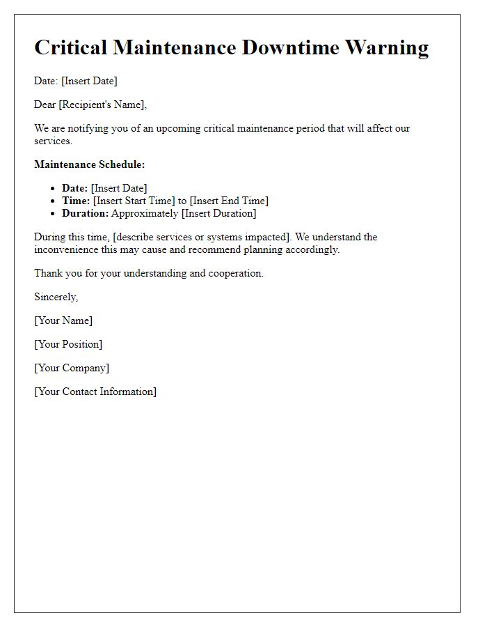 Letter template of critical maintenance downtime warning