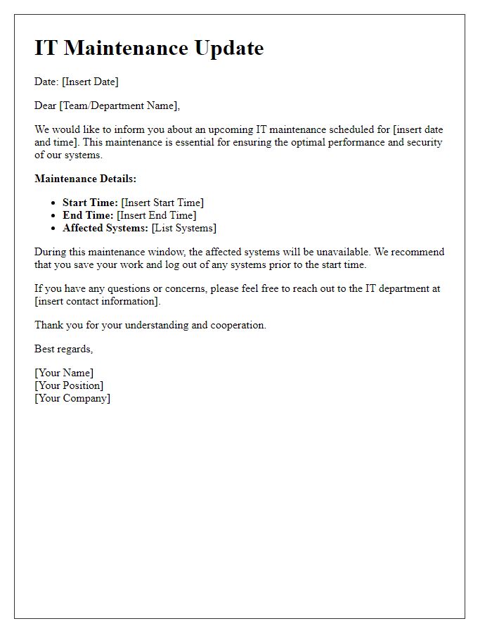 Letter template of IT maintenance update