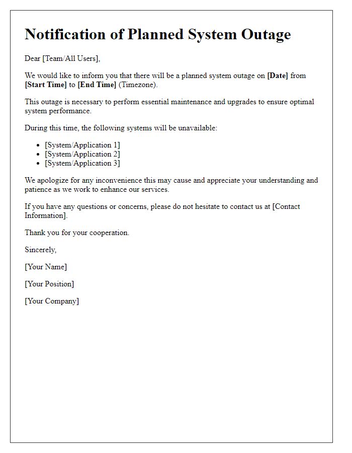 Letter template of planned system outage