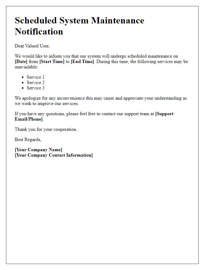 Letter template of scheduled system maintenance notification