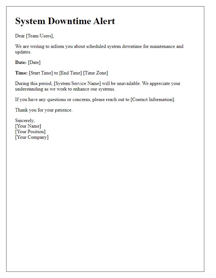 Letter template of system downtime alert