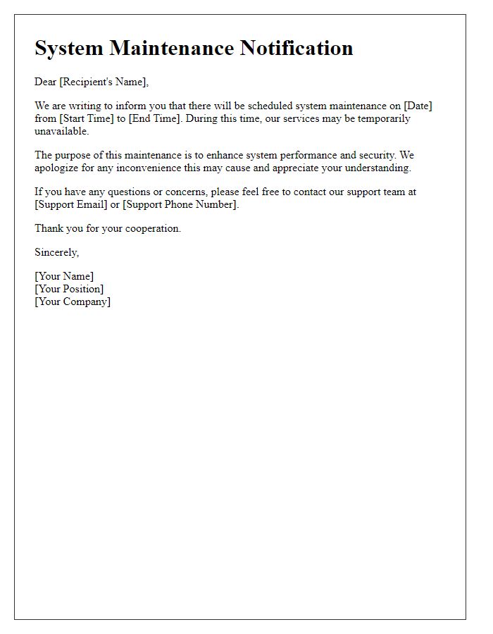 Letter template of system upkeep and downtime notification