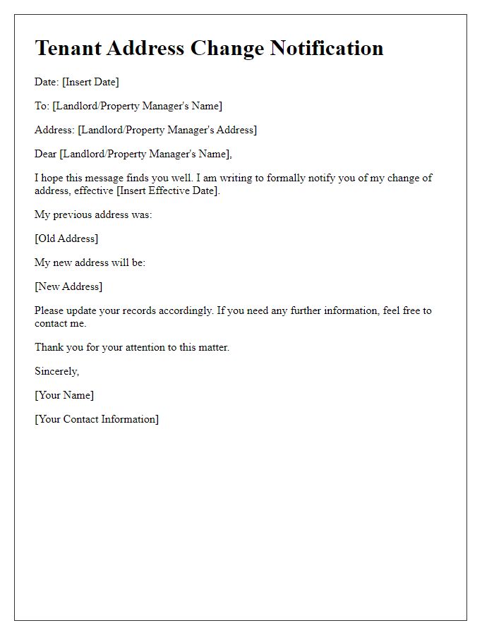 Letter template of Tenant Address Change Notification