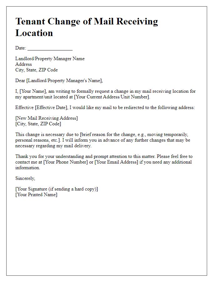 Letter template of Tenant Change of Mail Receiving Location