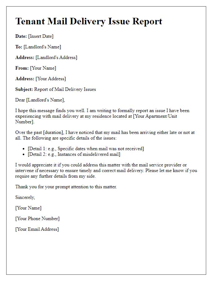 Letter template of Tenant Mail Delivery Issue Report