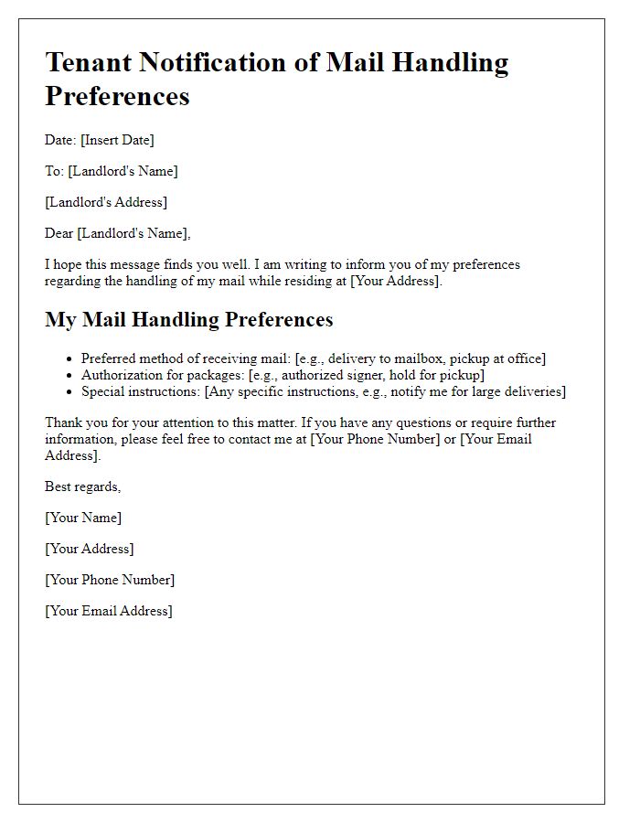 Letter template of Tenant Notification of Mail Handling Preferences