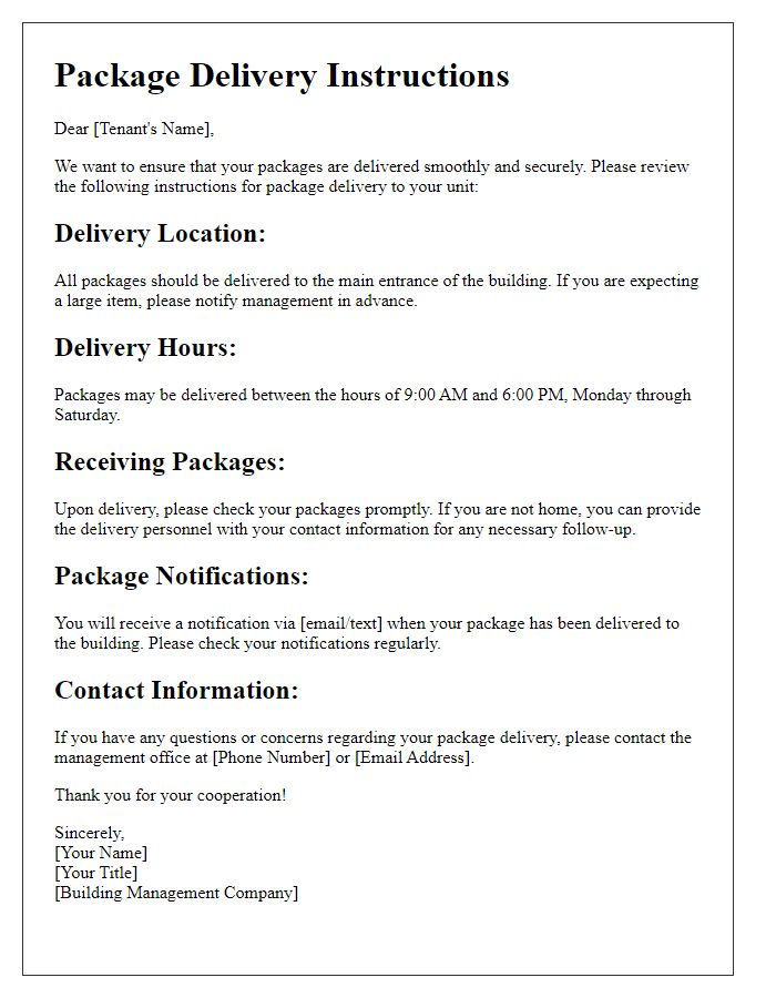 Letter template of Tenant Package Delivery Instructions